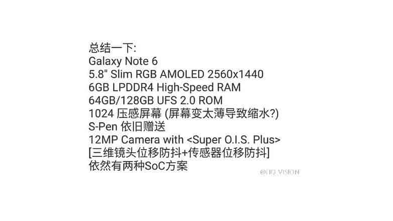 Especificações do Galaxy Note 6