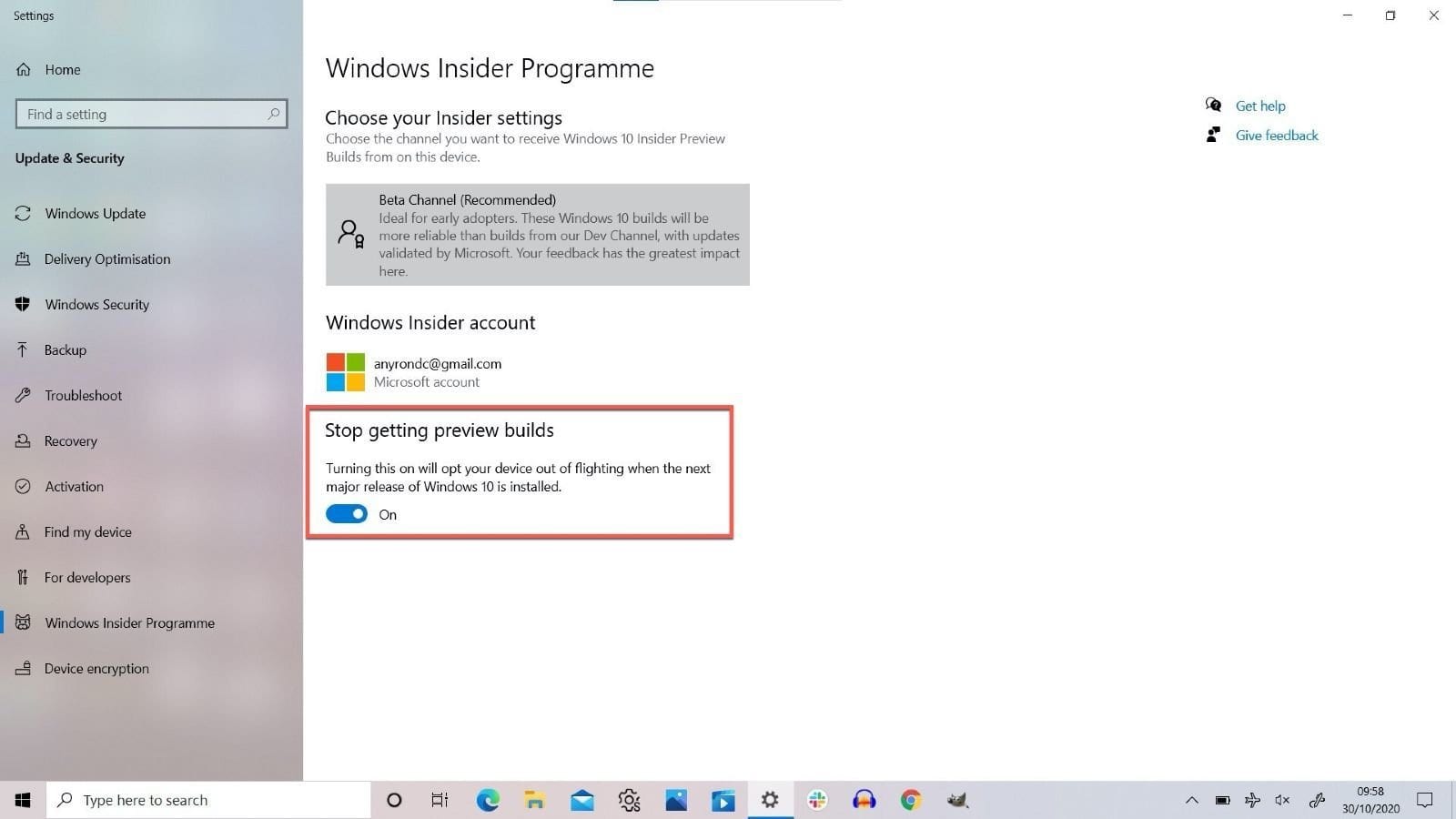 Configurações do programa Windows 10 Insider