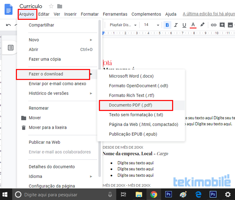 No Google Docs, basta seguir o caminho "Arquivo > Fazer o download > Documento PDF".