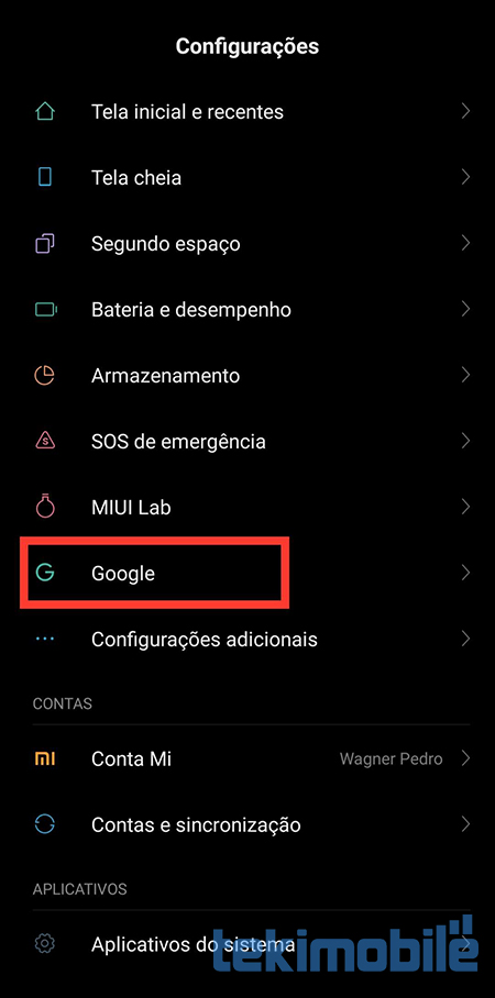 Toque na opção "Google" para iniciarmos o processo de localização do Android roubado.