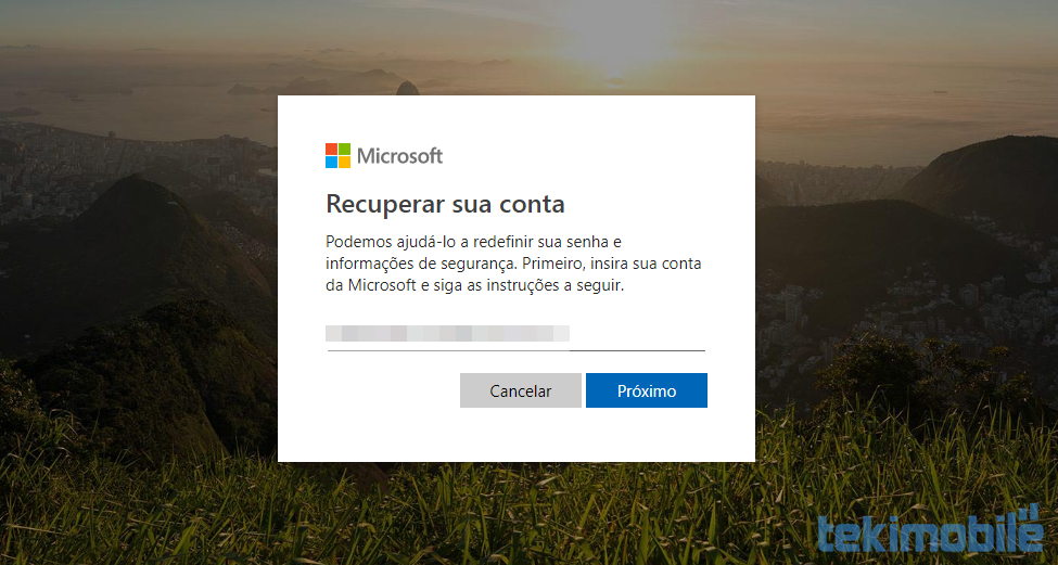 Área para inserir seu e-mail da Microsoft e recuperar a senha do Windows 10