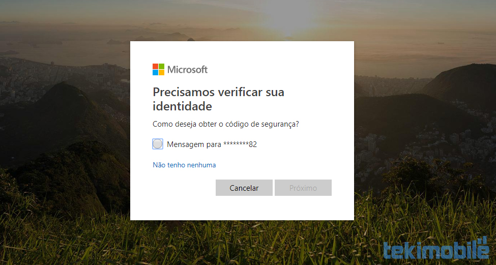Área para confirmação de identidade para recuperar a senha do Windows 10