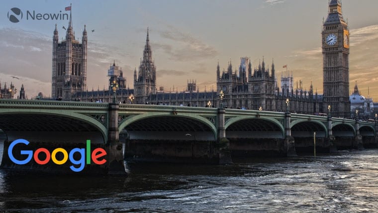 UK parliament with Google logo under bridge