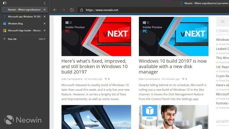 A Microsoft aparentemente está lançando guias verticais no Edge Dev hoje