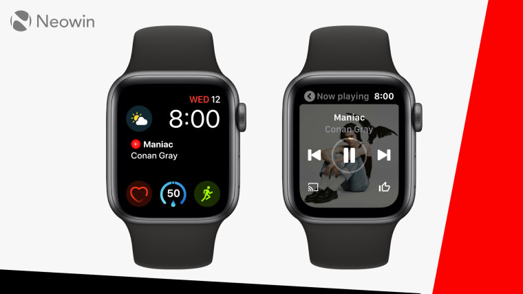 The YouTube Music app on an Apple Watch. The background is red, black, and white.