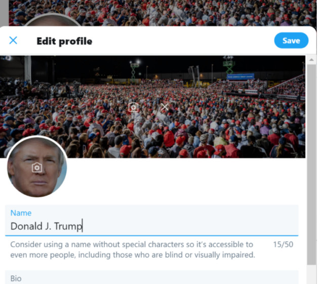 Captura de tela da caixa de diálogo de edição de perfil de Trump no Twitter