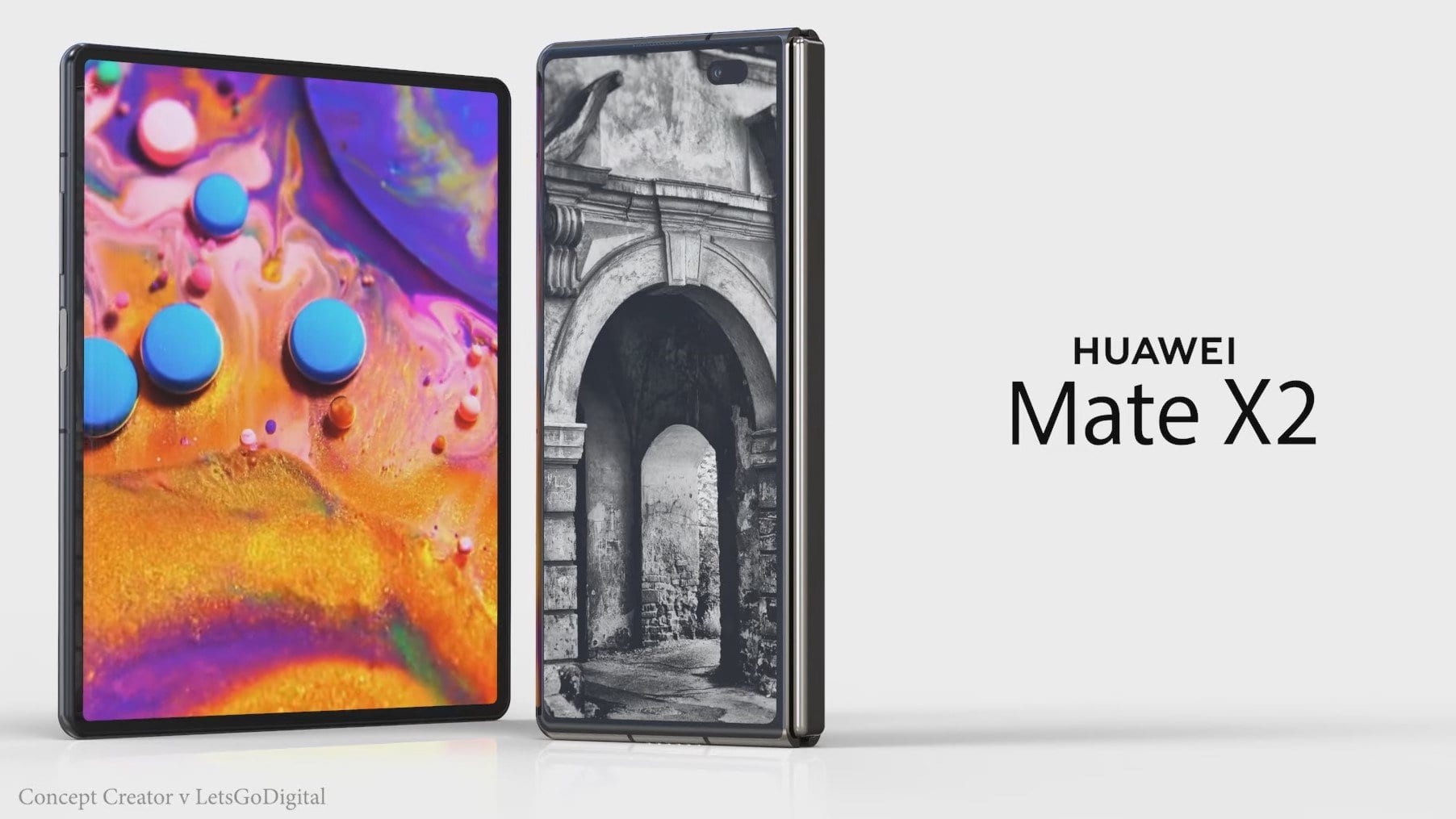 A renderização 3D do conceito Huawei Mate X2 mostra uma tela dobrável para dentro, dobradiça, câmeras quádruplas e muito mais