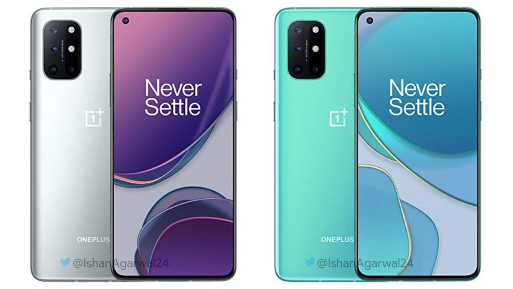 A renderização do OnePlus 8T mostra smartphone nas cores Prata Lunar e Água-marinha