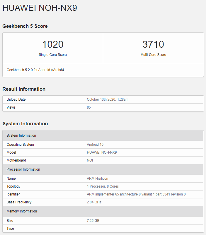 Huawei Mate 40 Pro com Kirin 9000 5G no Geekbench-