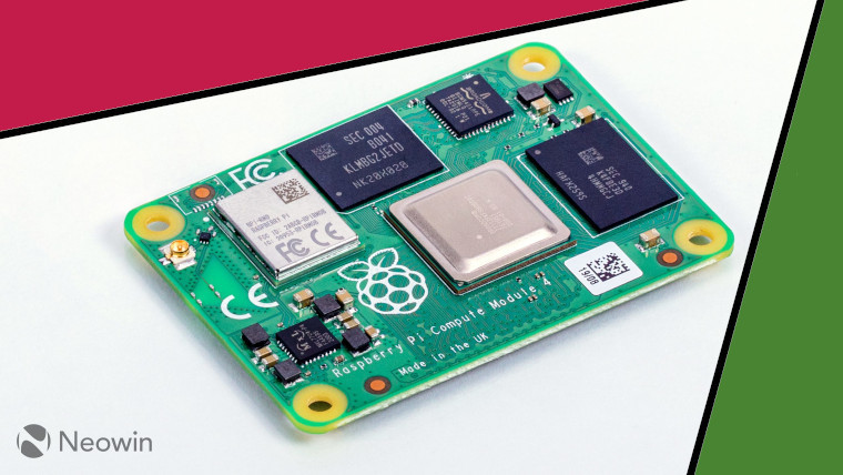 The Raspberry Pi Compute Module 4 on a white, green, and raspberry red background
