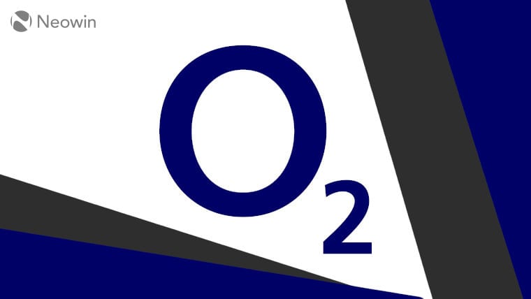 The O2 logo on a grey, blue, and white background