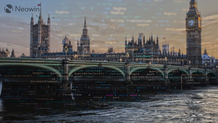 Westminster Bridge and Big Ben with computer code faded in over the top