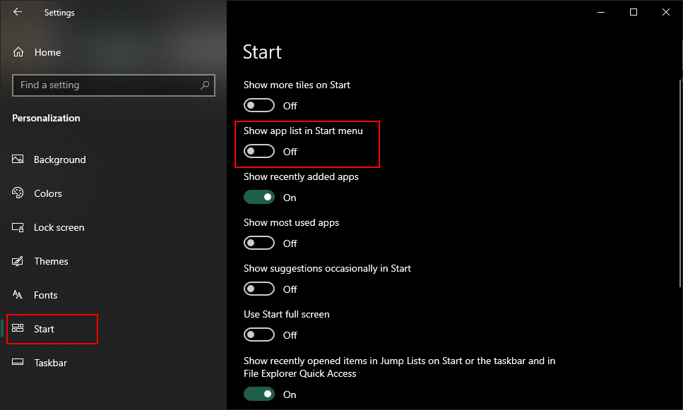 Como adicionar ou remover a lista de aplicativos no menu Iniciar do Windows 10 4