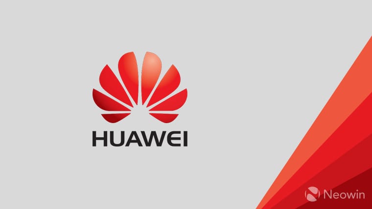 The Huawei logo on a grey and red background