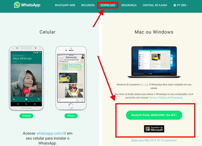 tela com os links para baixar o WhatsApp Desktop para Windows e Mac