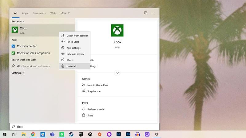Desinstalar o aplicativo Xbox menu Iniciar do Windows 10