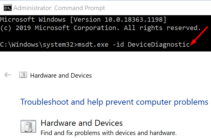 execute o solucionador de problemas de hardware do Windows 10