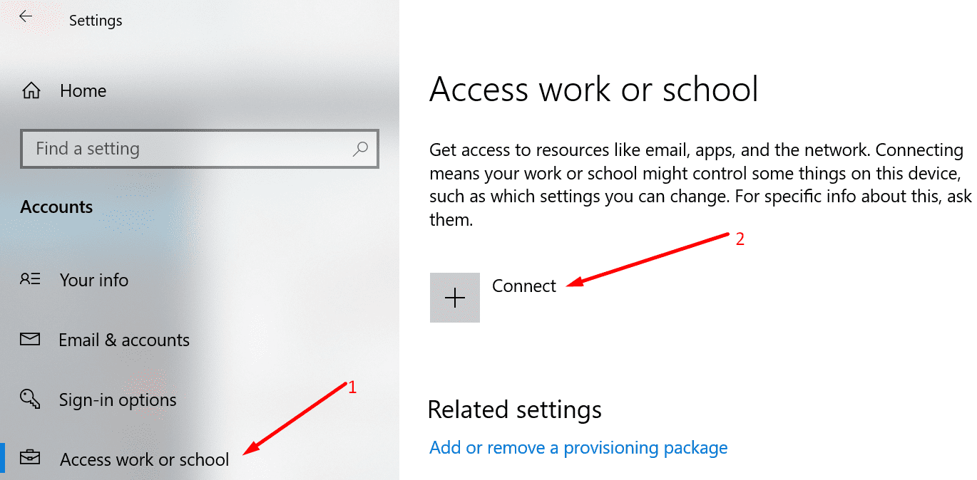 Acesse contas do Windows 10 para trabalho ou escola
