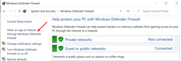 Permitir um aplicativo ou recurso por meio do Firewall do Windows Defender