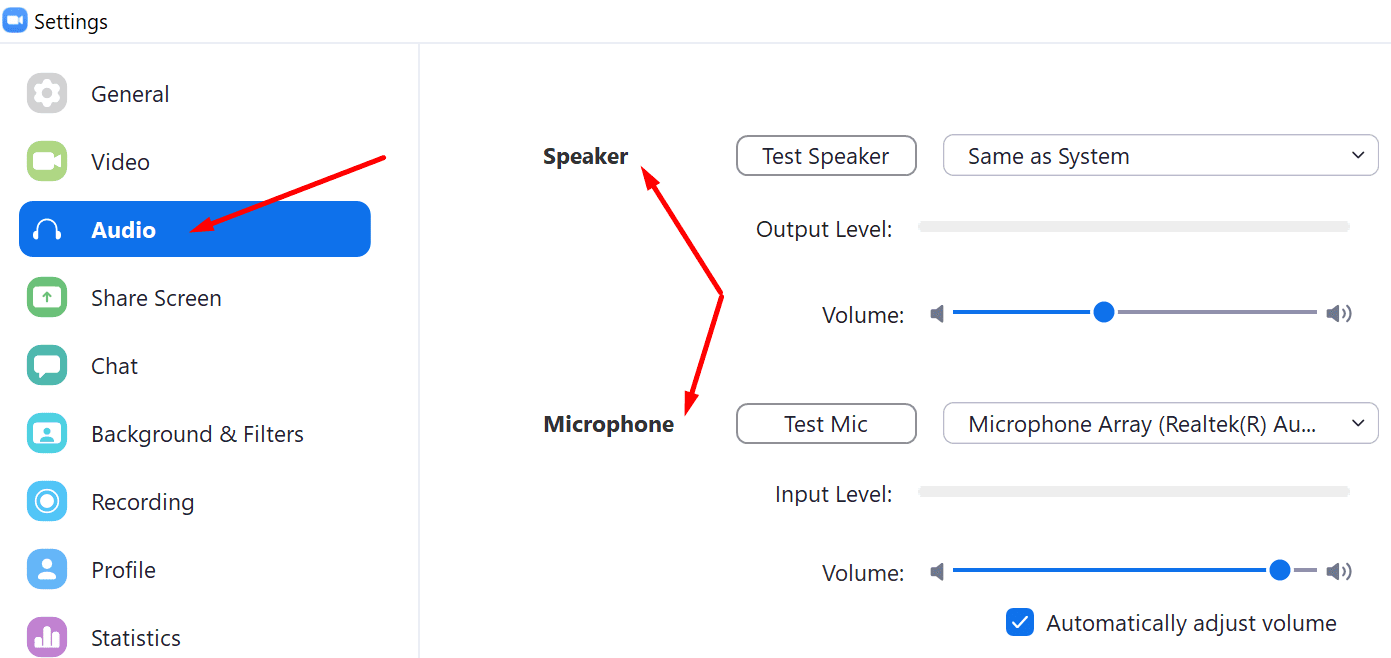 zoom configurações de áudio alto-falante microfone