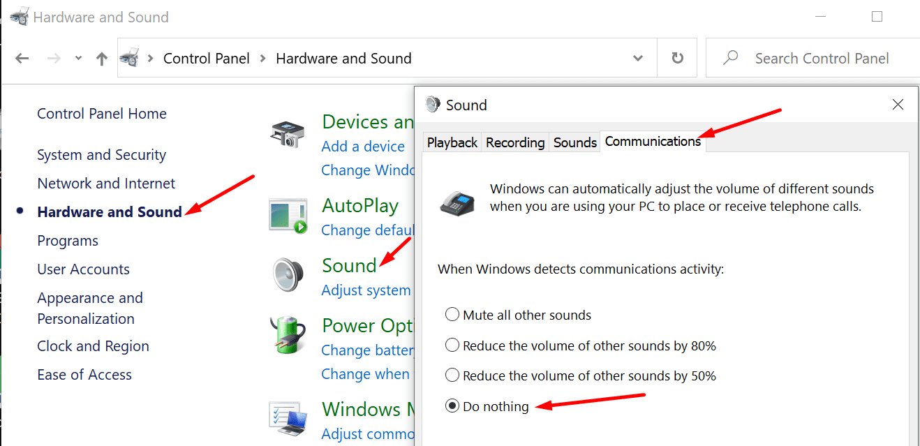não faça nada quando o Windows detectar atividades de comunicação