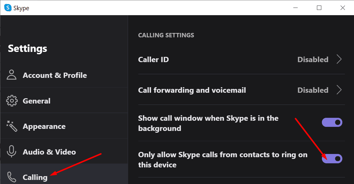 permitir apenas chamadas skype de contatos para tocar neste dispositivo
