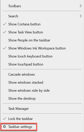 Menu da barra de tarefas do Windows 10