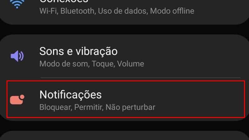 menu notificações nas configurações