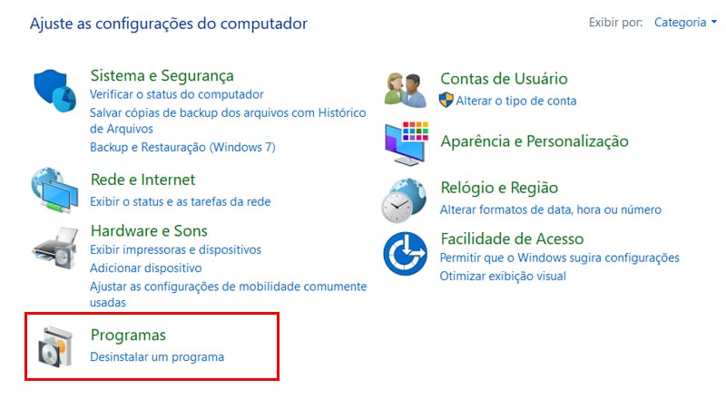 painel de programas do windows para desinstalar programas desnecessários