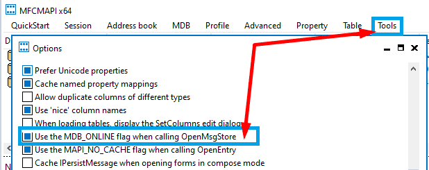 Use MDB_ONLINE ao chamar OpenMsgStore MFCMAPI
