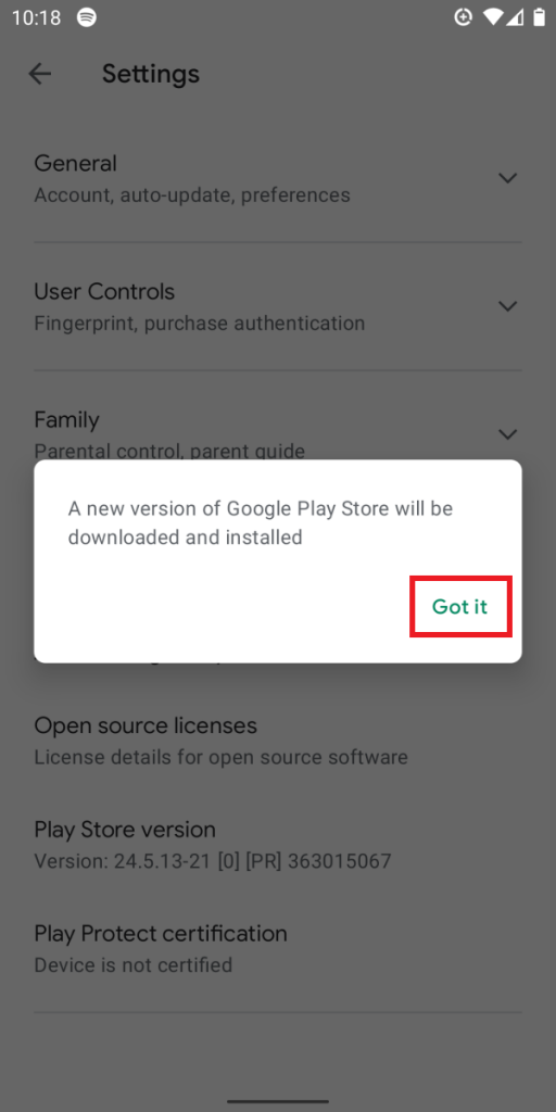 Atualize manualmente a Google Play Store para a versão mais recente
