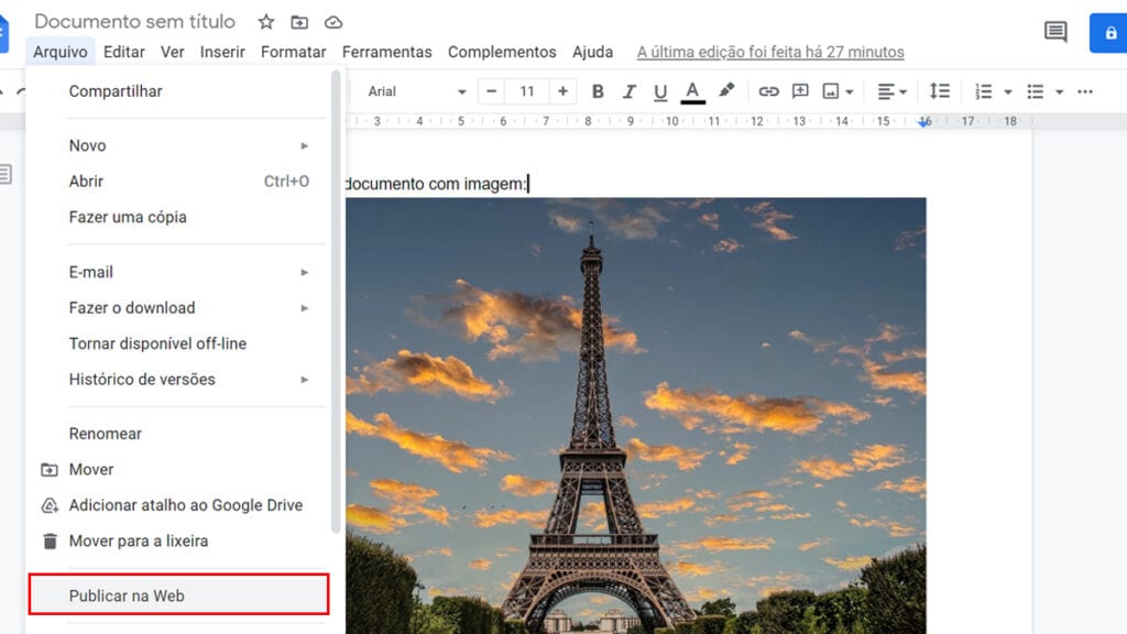 Na Imagem vemos o método de Publicar na Web um dos modos de salvar imagens do Google Docs, que existe no Google Docs, ao clicar em Arquivo
