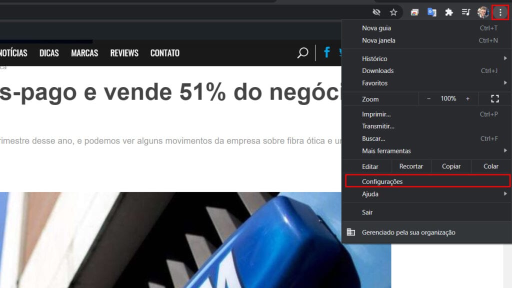 Na imagem vemos a opção de configurações no google chrome