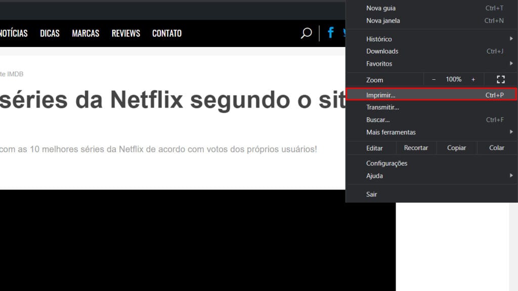 Na imagem vemos a opção Imprimir no Google Chrome