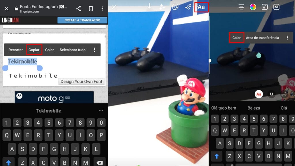 Na imagem é possivel ver o passo a passo para pstar seus stories com fontes personalizadas