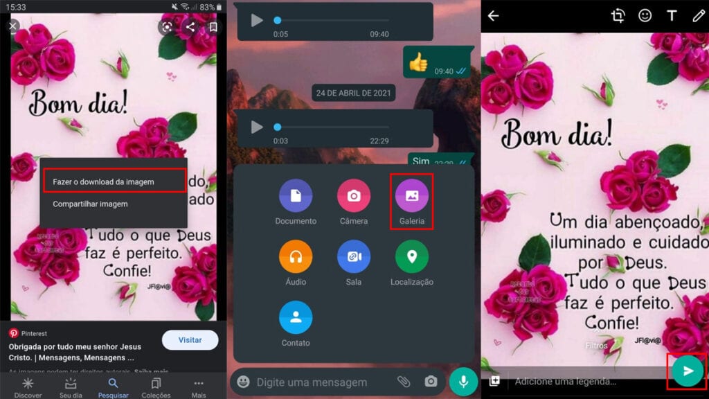 segundo passo a passo para baixar as imagens, selecione uma até aparecer a opção faça download e clique nela, após isso vá até o whats app clique no clipe de papel e clique em galeria, encontre a imagem na sua galeria e envie