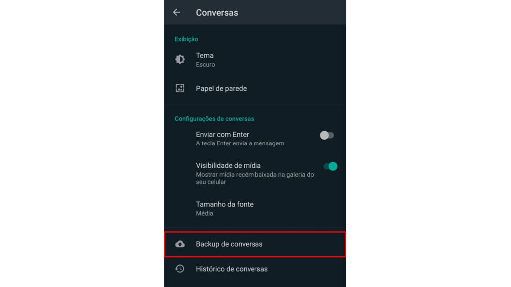 Como na imagem toque em backup de conversas