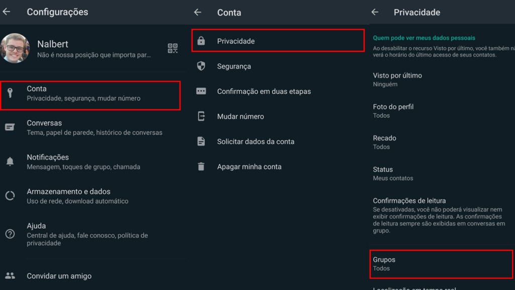 na imagem vemos o passo a passo para bloquear o ingresso de grupo do WhatsApp sem consentimento