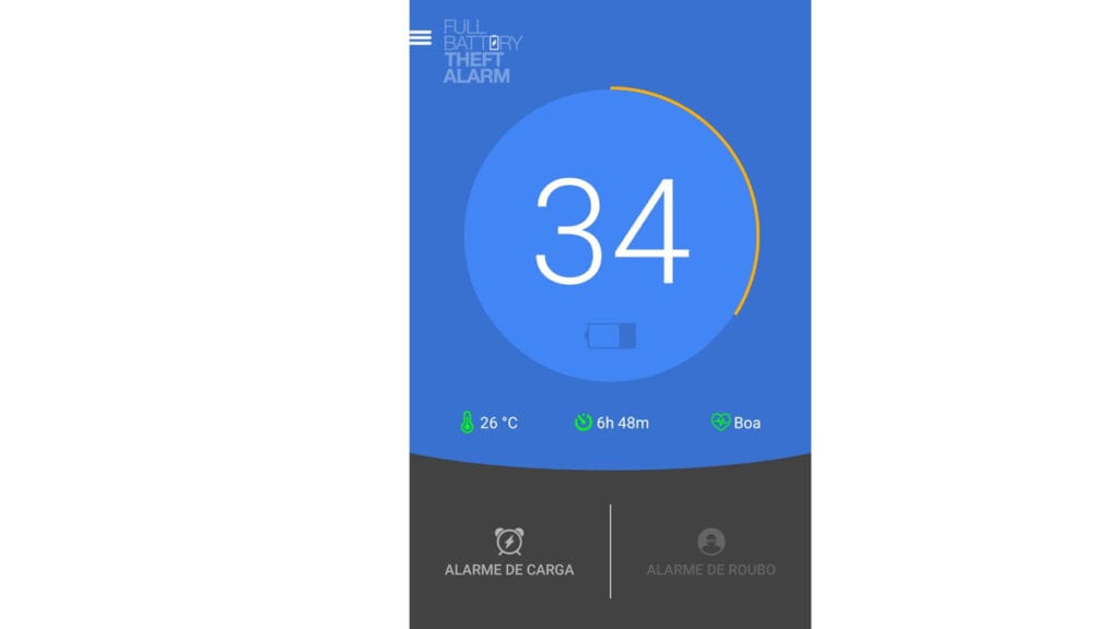 Na imagem vemos, que na tela inicial o aplicativo exibe todos os status necessários da bateria