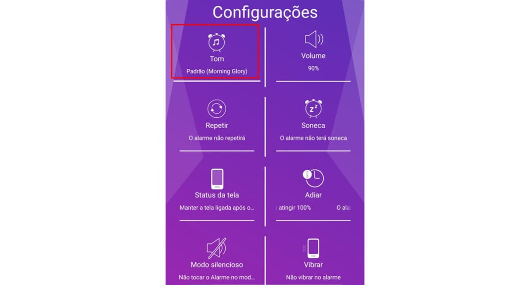 No menu configurações clique sobre Tom para mudar o toque do alarme