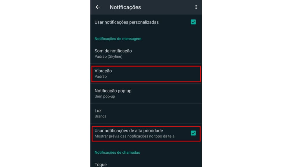 Opções para alterar as notificações são mostradas na imagem