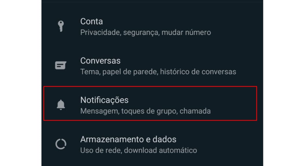 configurações é mostrado na imagem