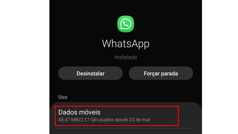 A opção de dados móveis dentro do aplicativo whatsapp