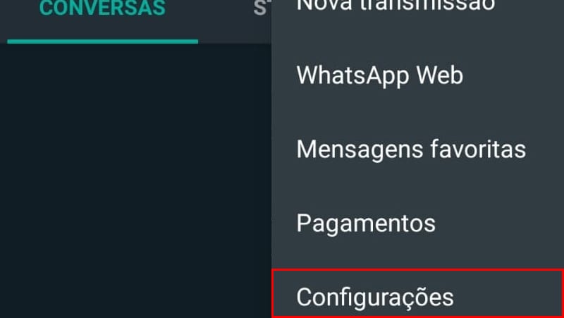 Na imagem vemos a opção configurações do aplicativo, nela você consegue mudar o tamanho da fonte do whatsapp