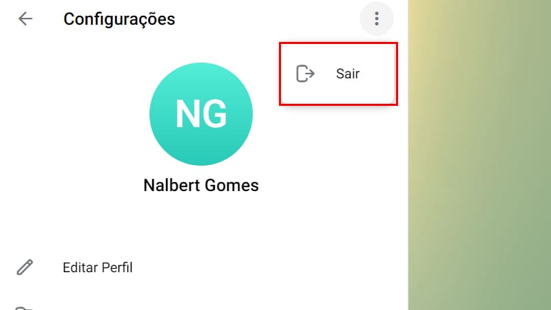 Opção sair do Telegram Web