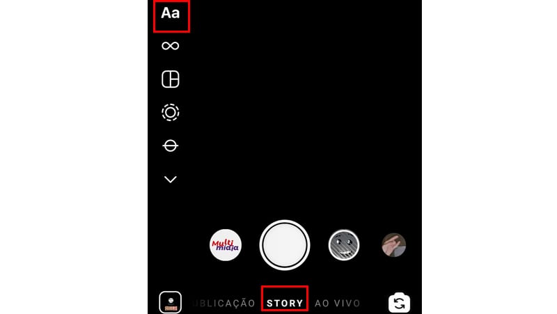 Vá até a aba story e logo em seguida toque nas letras para postar sua frase