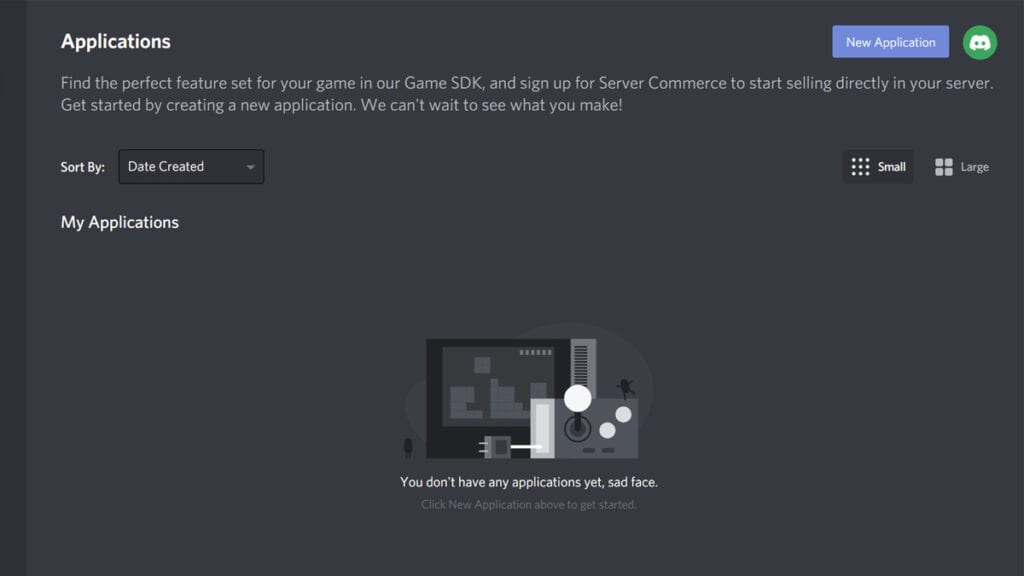 Aperte em New Application para criar o Discord bots