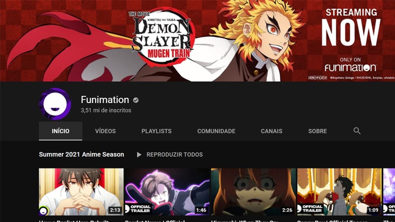 O youtube possui várias opções de animes