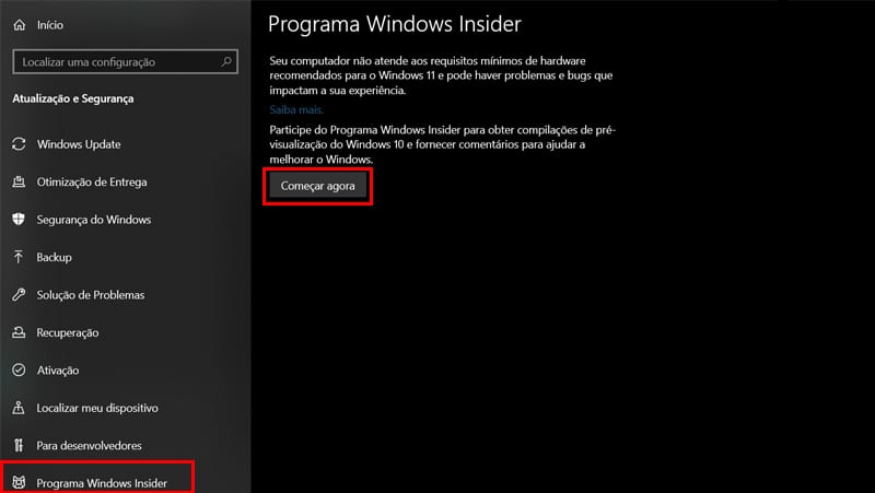 Programa Windows Insider para instalar o Windows 11