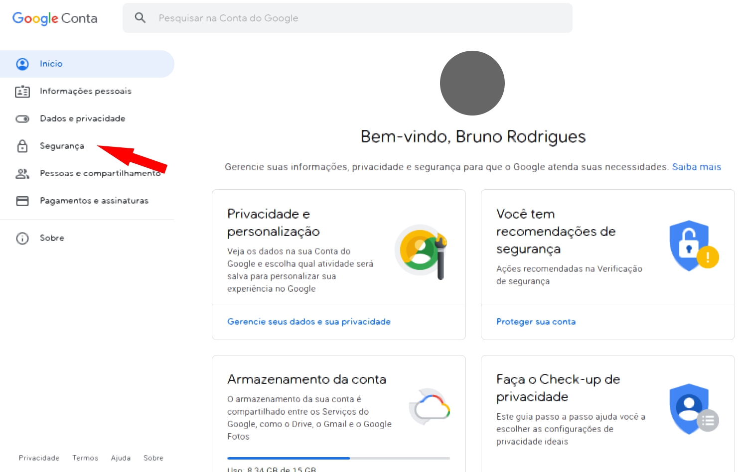 Clique em Segurança na conta Google